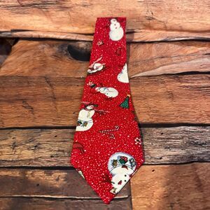 Christmas Snowman Men's Necktie Red Holiday Winter Candy Cane Snow Globe